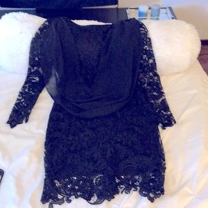 Black lace backless long sleeved sheer knee length evening gown XL